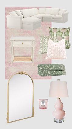 a collage of pink and green decor including a white couch, mirror, lamp, lampshade, pillows, table cloths and other items