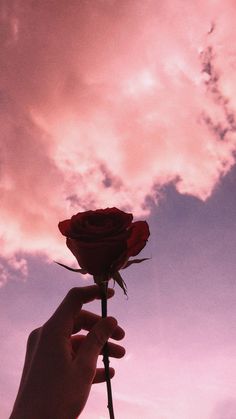 a person holding a red rose up to the sky with clouds in the back ground