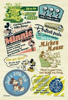 mickey mouse stickers are arranged on a piece of paper with the words, phrases and symbols