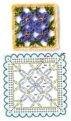 crochet pattern with blue flowers and green leaves in the center, on top of a