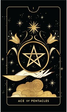 the ace of pentacles tarot card in gold and black with stars above it