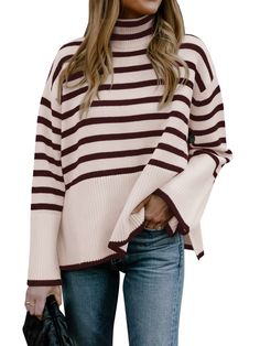 PRICES MAY VARY. SIZE - S=US(4-6), M=US(8-10), L=US(12-14), XL=US(16）, PLEASE CHOOSE ONE SIZE SMALLER THAN USUAL!! MATERIAL - This long sleeve striped sweater for women 2023 is made of soft knitted woven finish. Thick and breathable, skin-friendly and stretchy. Stay warm in fall and winter. FEATURE - Women's striped printed sweater/Long sleeve sweater with flared sleeve end detail can roll up free/winter chunky knit warm pullover tops/fashion turtleneck/soft stretch high neck/trendy side split d Split Sweater, Cute Jumpers, Loose Pullover Sweater, Casual Turtleneck, Turtleneck Long Sleeve, Loose Pullover, Mini Robes, Striped Turtleneck, Sweater Jumper