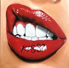 a painting of a woman's mouth with white teeth and red lipstick on it