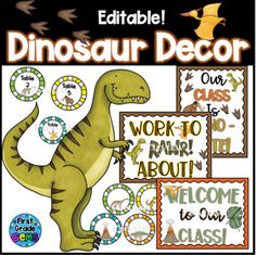 a dinosaur themed classroom decor kit with words and pictures on the front, along with an image of a t - rex