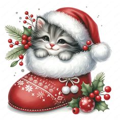 a kitten in a santa hat sitting on top of a red boot with holly and berries