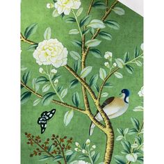 a painting of a bird sitting on a tree branch with white flowers and green leaves