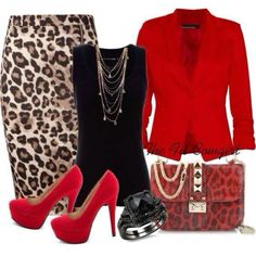 Fall Business, Leopard Print Outfits, Leopard Print Skirt, Business Style, Beautiful Dress Designs, Necklace Red, Red Blazer, Blazer Black, Complete Outfits