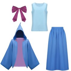 three pieces of clothing including a blue dress, pink top and purple skirt with a bow tie