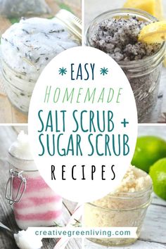 homemade salt scrub and sugar scrub recipe in mason jars with lemons, limes, and other ingredients