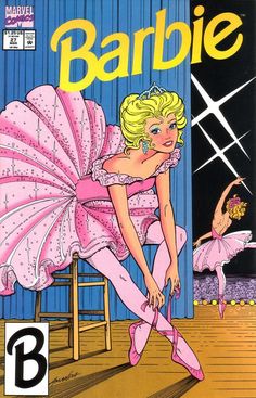 the cover to barbie magazine, featuring a woman in pink dress and ballerina shoes