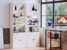 a white bookcase with many books on top of it in front of a window