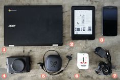 the contents of a laptop and other electronics laid out on a concrete surface with instructions