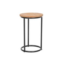 an iron and wood side table with a round wooden top, on a white background