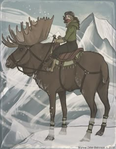 a woman riding on the back of a brown horse in front of snow covered mountains