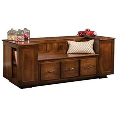 Amish USA Made Handcrafted Bradley Bench sold by Online Amish Furniture LLC Open Front Storage Bench, Bench Storage With Drawers, Benches With Shelves, Bench With Two Shelves, Wood Storage Bench With Back, Drawer Seat, Side Shelves, Entryway Benches, Coffee Stain