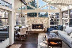 a living room filled with furniture and a fire place in the middle of a room