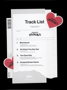 three pieces of paper with red hearts on them and the words track list written in black