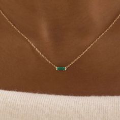 Emerald baguette (5x2mm, A quality) Four round white diamonds (1mm) All accent diamonds are natural with SI clarity and G+ color. Solid 14k gold rope chain and lobster clasp. Total length is 18" with two shortening stations, one at 17" and one at 16". Signature Melanie Casey natural diamond drop on the chain. This necklace is finished and ready to ship! Each piece is expertly crafted with responsibly sourced metals and ethically sourced stones. Spring Necklace, Dainty Jewellery, Fine Gold Necklace, Melanie Casey, Dainty Gold Bracelet, Gold Rope Chains, Twisted Band, Solitaire Necklaces, Emerald Pendant