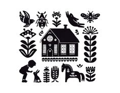 a black and white drawing of a house surrounded by plants, birds, and animals