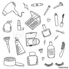 hand drawn cosmetics and beauty products on white background, black and white line art style