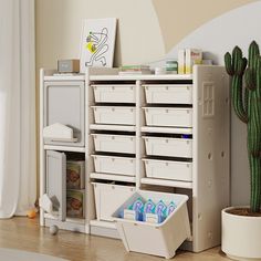 a white cabinet with drawers and containers next to a cactus