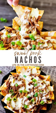 this sweet pork nachos is loaded with cheese, green onions and sour cream