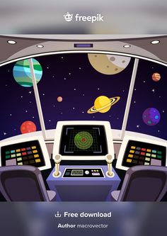 the inside of an airplane with space and planets in the background, as well as text that reads freepik