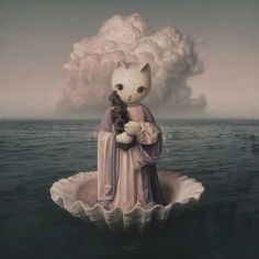 a cat sitting on top of an object floating in the ocean with clouds above it