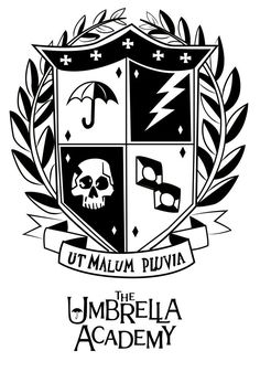 the umbrella academy logo with an umbrella and skull on it's shield