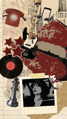 a collage with an old record player, guitar, and other items on it