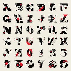 the alphabet is made up of black and red letters with different designs on them, including numbers