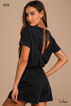 The Lulus Casual Cutie Washed Black Short Sleeve Romper is the easiest way to look cute this season! Garment-washed cotton jersey knit shapes this romper that has a V-neckline, short sleeves, and a blousy bodice with a back keyhole and tying closure at the neck. An elasticized waist tops flowy shorts to complete the look. Fit: This garment fits true to size. Length: Above mid-thigh. Size medium measures 32" from shoulder to hem. Inseam: 3.00 Front Rise: 12.00 Bust: Great for any cup size. Waist: Black Tank Romper Outfit, Country Concert Romper Outfit, Casual Cotton V-neck Jumpsuits And Rompers, Chic Cotton V-neck Jumpsuits And Rompers, Trendy Relaxed Fit V-neck Jumpsuits And Rompers, Black Romper Outfit, Rompers For Teens, Summer Romper Outfit, Family Vacay