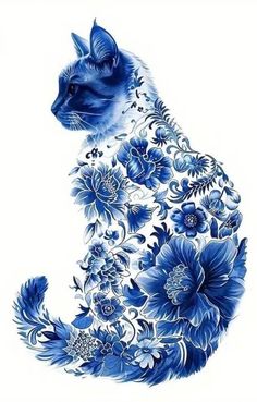 a blue and white cat with flowers on it's tail, sitting in the shape of a letter