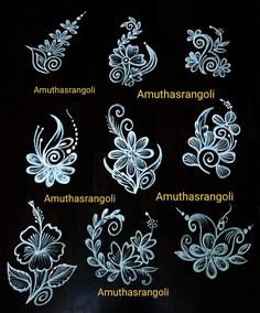 the different types of flowers and leaves are shown in white on a black background,