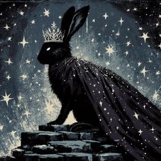 a rabbit with a crown on its head sitting on some rocks in the night sky