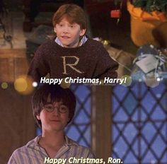 harry potter and ron weasley christmas card with the same image as each other