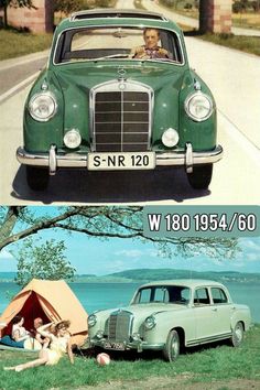 an old car is parked next to a woman in a tent