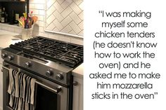 a kitchen with an oven, stove and counter top that has words written on it