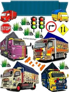 various types of trucks and traffic signs are depicted in this graphic art workbook page