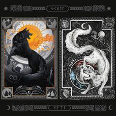 two taroti cards with black and white artwork on them