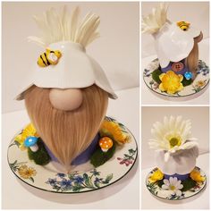 three photos of a doll head wearing a hat with flowers and eggs on it's side