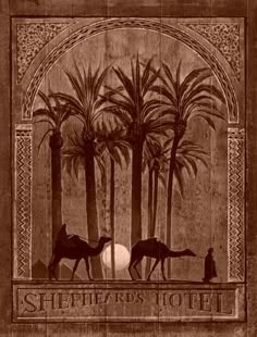 an old photo of two camels in front of a hotel sign with palm trees