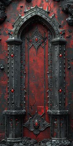 a red and black wall with an ornate iron door