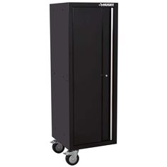 a black cabinet with wheels on it