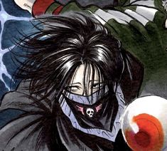 an anime character with long black hair holding a white bowl