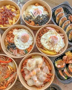 six bowls filled with different types of food