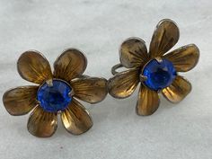 "A beautiful pair of vintage daisy flower earrings, with blue glass centers, in gold washed sterling silver. Marked \"Sterling\" on back. They measure about 1\" across. Some tarnishing and wear to the gold finish. Actual packaging will vary depending on item/s purchased and tape pattern available. Props shown in photos is for display purposes only, not included in this listing. As always, satisfaction is guaranteed. Thanks for shopping Vintage In Bloom More earrings: http://www.etsy.com/shop/Vin Vintage Flower Earrings, Vintage Flower Shaped Nickel Free Earrings, Vintage Flower Earrings For Anniversary, Vintage Flower Shaped Earrings For Anniversary, Vintage Blue Flower Earrings Nickel Free, Vintage Flower Shaped Earrings For Gift, Vintage Brass Flower Earrings Nickel Free, Vintage Gold Earrings With Flower Charm, Vintage Brass Flower Earrings For Gift