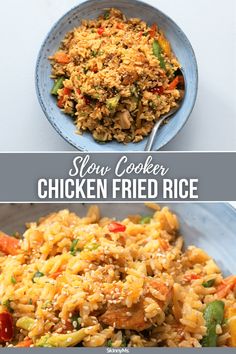 chicken fried rice in a blue bowl with the words slow cooker chicken fried rice