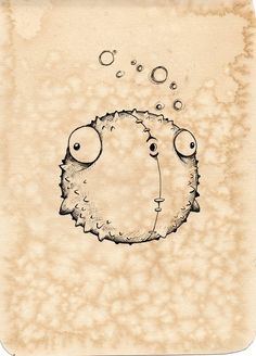 an ink drawing of a fish with bubbles coming out of it's mouth and eyes