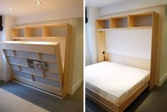 two pictures of a bed with built in bookshelves